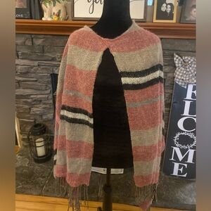Cozy Striped Knit Wool Blend Poncho in Dusty Pink and Gray